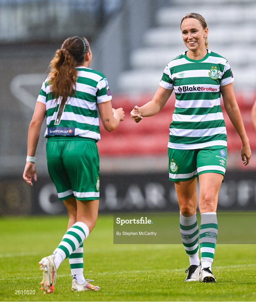 26 August 2023; Abbie Larkin of Shamrock Rovers celebrates with Stephanie Zambra, right, after scoring her fourth and her side's eighth goal during the Sports Direct Women’s FAI Cup first round match between Shamrock Rovers and Killester Donnycarney at Tallaght Stadium in Dublin. Photo by Stephen McCarthy/Sportsfile