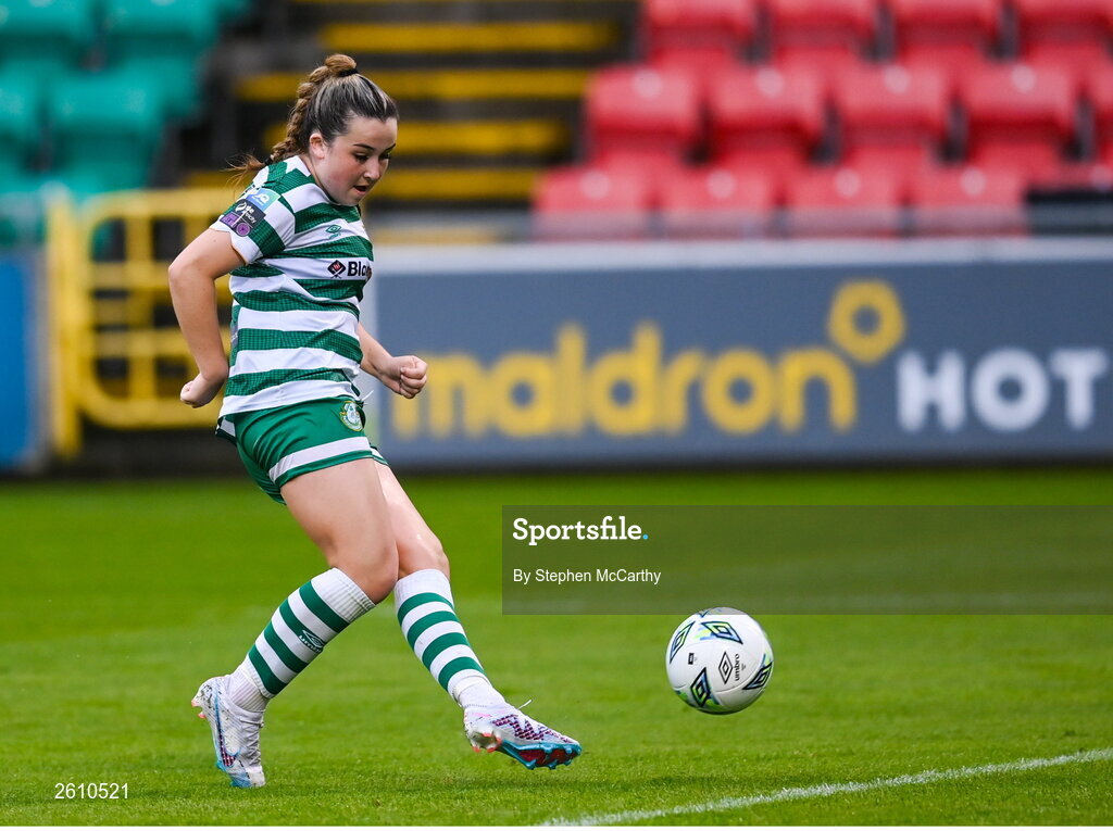 26 August 2023; Lia O'Leary of Shamrock Rovers shoots to score her side's sixth goal during the Sports Direct Women’s FAI Cup first round match between Shamrock Rovers and Killester Donnycarney at Tallaght Stadium in Dublin. Photo by Stephen McCarthy/Sportsfile