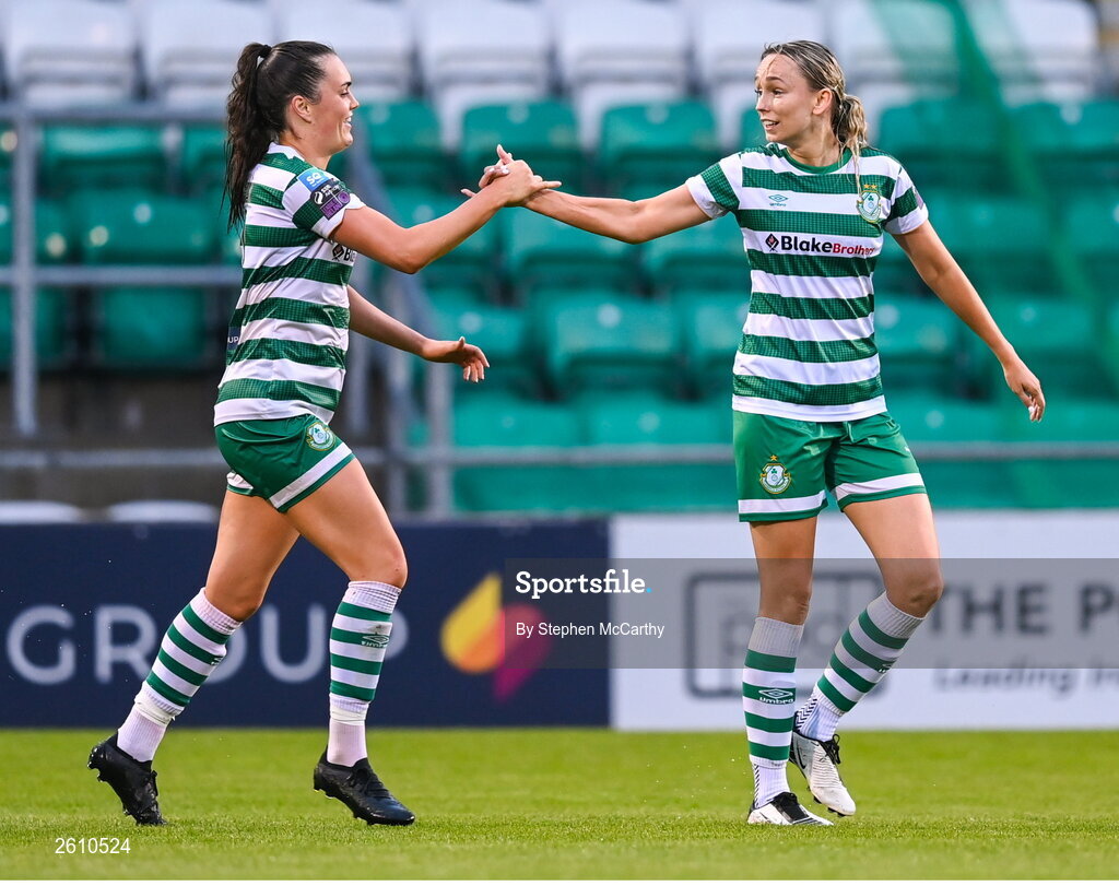 26 August 2023; Stephanie Zambra of Shamrock Rovers is congratulated by Jess Gargan, left, after scoring their side's seventh goal during the Sports Direct Women’s FAI Cup first round match between Shamrock Rovers and Killester Donnycarney at Tallaght Stadium in Dublin. Photo by Stephen McCarthy/Sportsfile