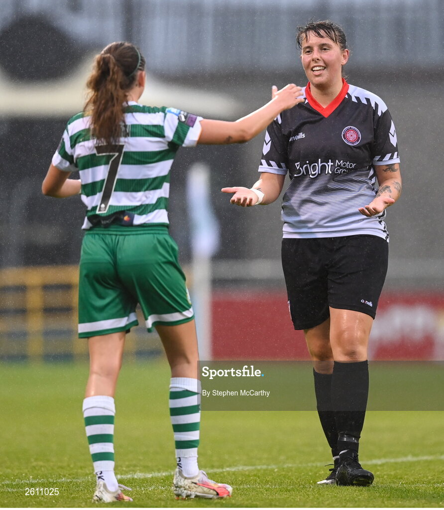 26 August 2023; Courteney Masterson of Killester Donnycarney FC and Abbie Larkin of Shamrock Rovers after the Sports Direct Women’s FAI Cup first round match between Shamrock Rovers and Killester Donnycarney at Tallaght Stadium in Dublin. Photo by Stephen McCarthy/Sportsfile