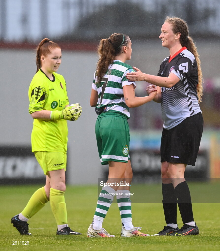 26 August 2023; Lyndsey Carroll of Killester Donnycarney FC and Abbie Larkin of Shamrock Rovers after the Sports Direct Women’s FAI Cup first round match between Shamrock Rovers and Killester Donnycarney at Tallaght Stadium in Dublin. Photo by Stephen McCarthy/Sportsfile