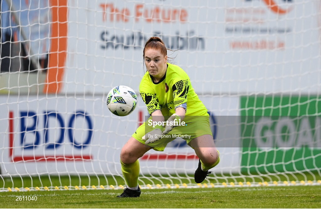 26 August 2023; Killester Donnycarney FC goalkeeper Shauna Whelan during the Sports Direct Women’s FAI Cup first round match between Shamrock Rovers and Killester Donnycarney at Tallaght Stadium in Dublin. Photo by Stephen McCarthy/Sportsfile