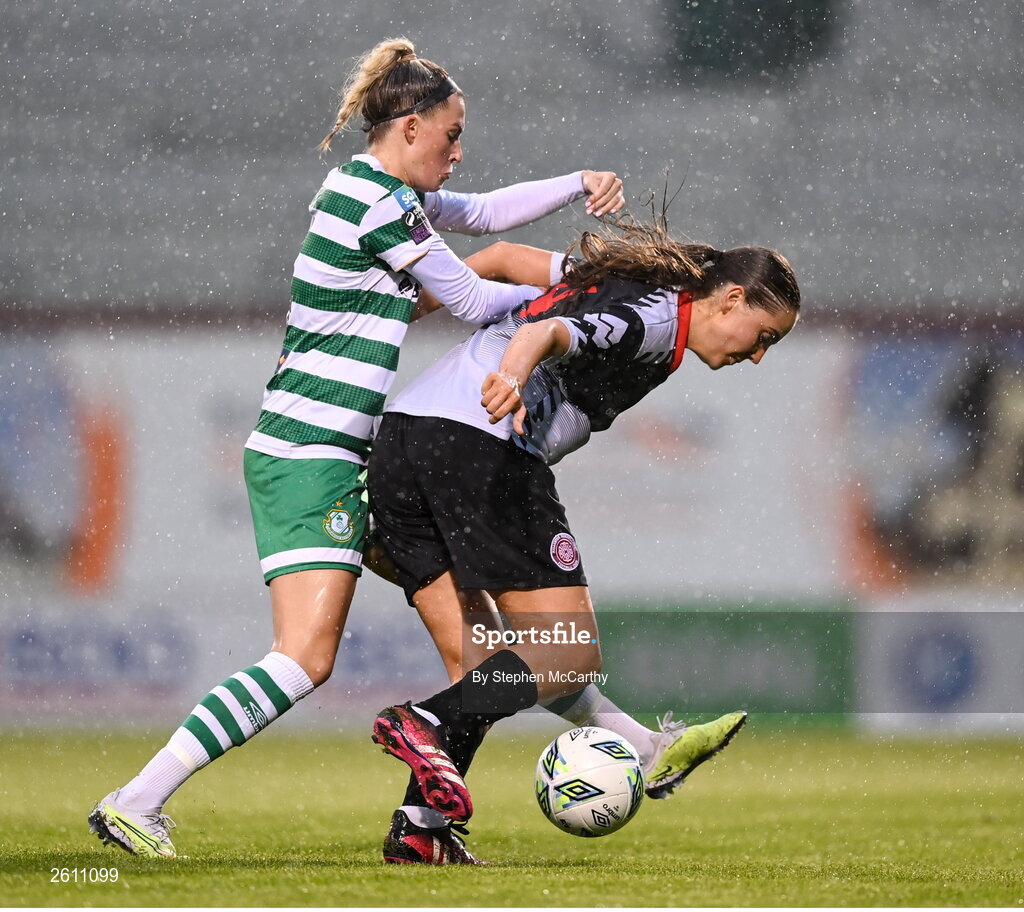 26 August 2023; Simmone Reilly of Killester Donnycarney is tackled by Shauna Fox of Shamrock Rovers during the Sports Direct Women’s FAI Cup first round match between Shamrock Rovers and Killester Donnycarney at Tallaght Stadium in Dublin. Photo by Stephen McCarthy/Sportsfile