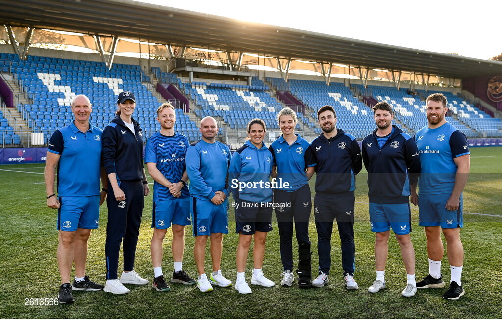 1 September 2023; Head coach Tania Rosser, with coaches, from left, John Fairley, Maz Reilly, Greg Hawe, Niall Kane, Aine Rowe, Eoin Reynolds, Greg Holland and Sean O'Brien during a Leinster rugby women's jersey presentation at Energia Park in Dublin. Photo by David Fitzgerald/Sportsfile