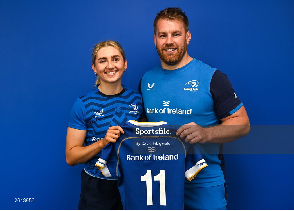 1 September 2023; Anna Doyle with Contact skills coach Sean O'Brien during a Leinster rugby women's jersey presentation at Energia Park in Dublin. Photo by David Fitzgerald/Sportsfile