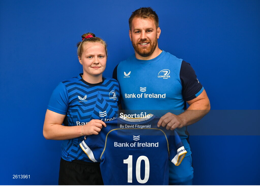 1 September 2023; Dannah O'Brien with Contact skills coach Sean O'Brien during a Leinster rugby women's jersey presentation at Energia Park in Dublin. Photo by David Fitzgerald/Sportsfile