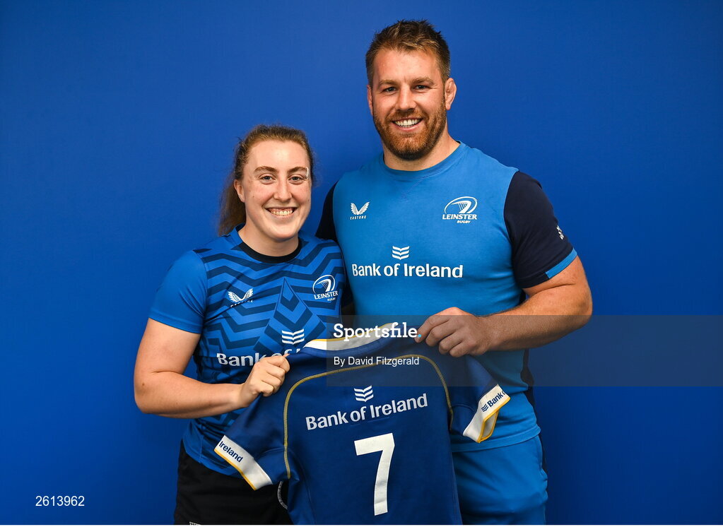 1 September 2023; Molly Boyne with Contact skills coach Sean O'Brien during a Leinster rugby women's jersey presentation at Energia Park in Dublin. Photo by David Fitzgerald/Sportsfile