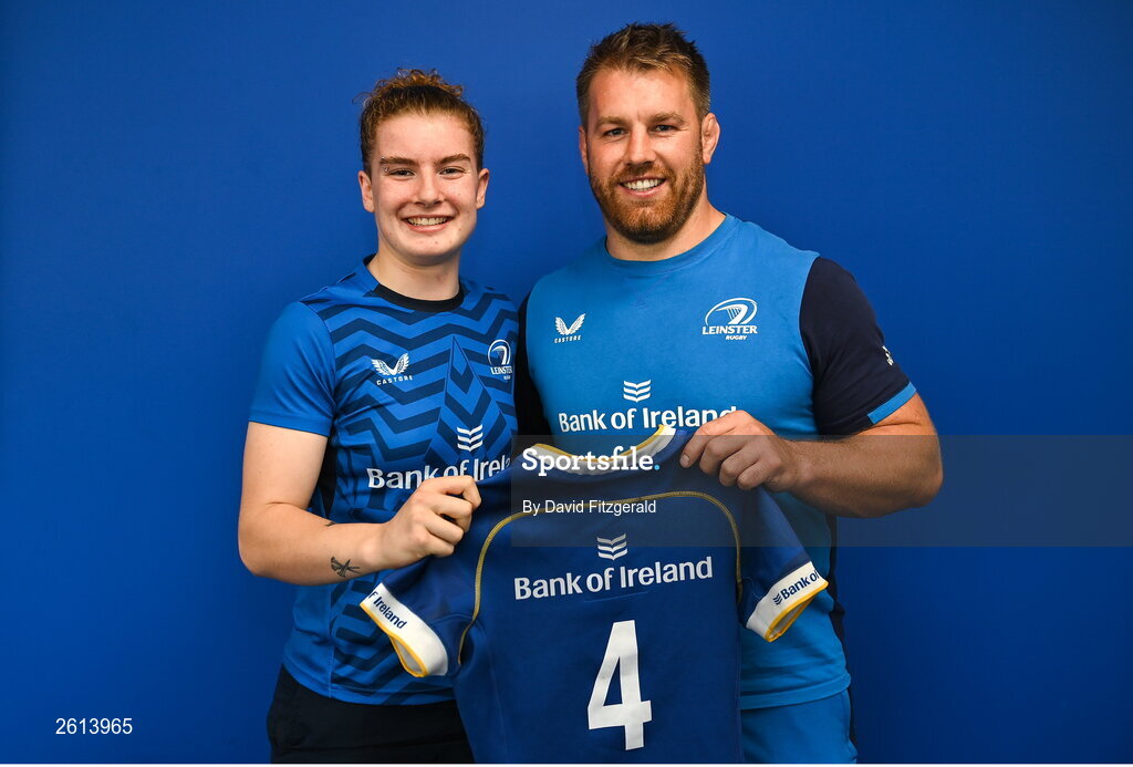 1 September 2023; Ruth Campbell with Contact skills coach Sean O'Brien during a Leinster rugby women's jersey presentation at Energia Park in Dublin. Photo by David Fitzgerald/Sportsfile