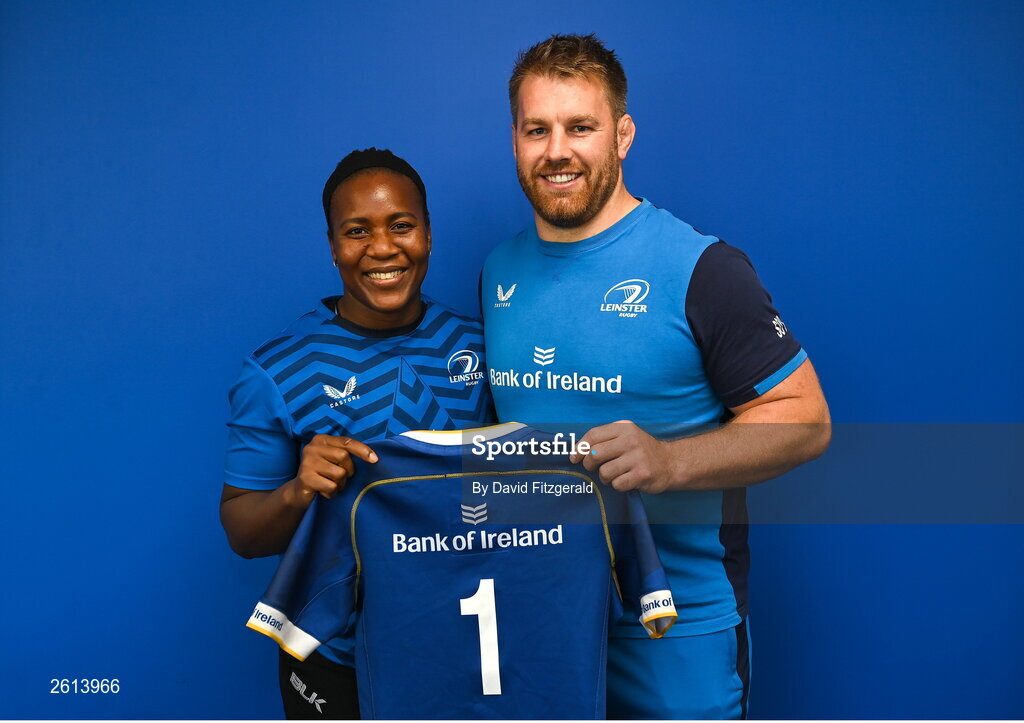 1 September 2023; Linda Djougang with Contact skills coach Sean O'Brien during a Leinster rugby women's jersey presentation at Energia Park in Dublin. Photo by David Fitzgerald/Sportsfile