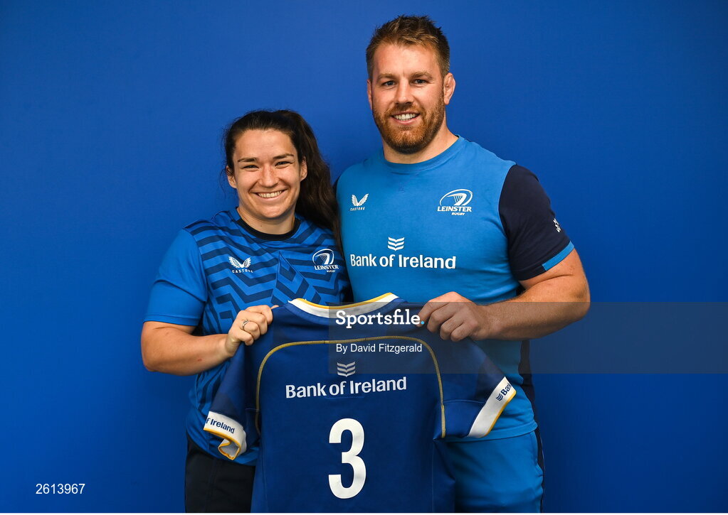 1 September 2023; Christy Haney with Contact skills coach Sean O'Brien during a Leinster rugby women's jersey presentation at Energia Park in Dublin. Photo by David Fitzgerald/Sportsfile