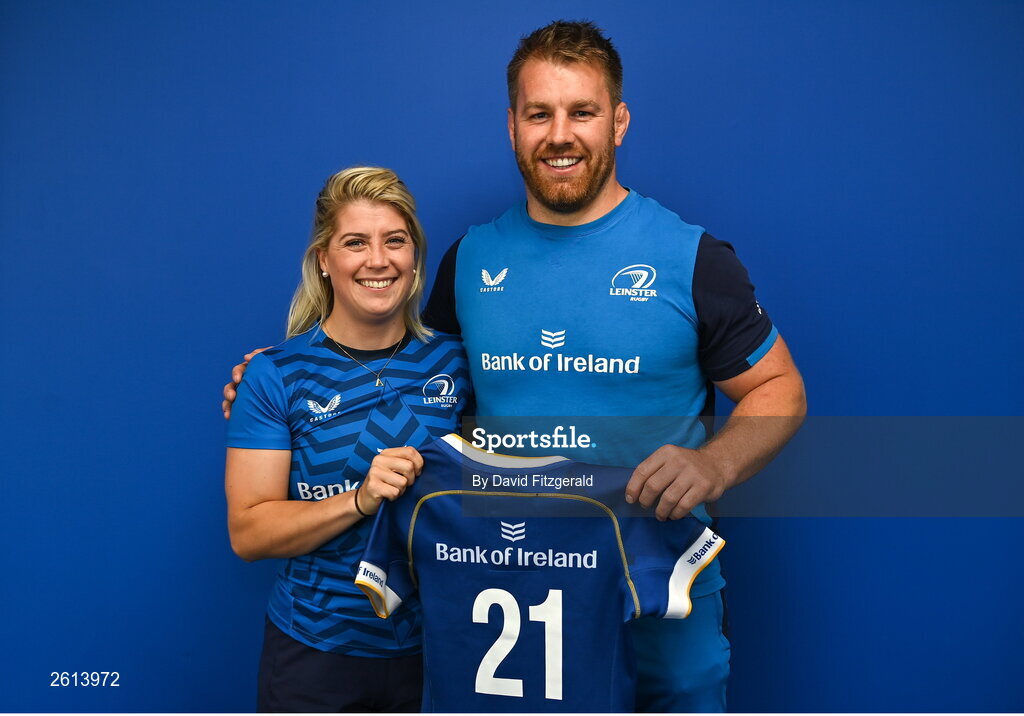 1 September 2023; Ailsa Hughes with Contact skills coach Sean O'Brien during a Leinster rugby women's jersey presentation at Energia Park in Dublin. Photo by David Fitzgerald/Sportsfile