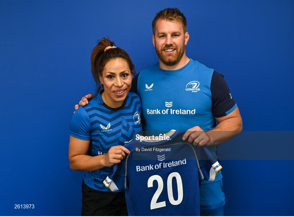 1 September 2023; Sene Taiti-Fanene with Contact skills coach Sean O'Brien during a Leinster rugby women's jersey presentation at Energia Park in Dublin. Photo by David Fitzgerald/Sportsfile