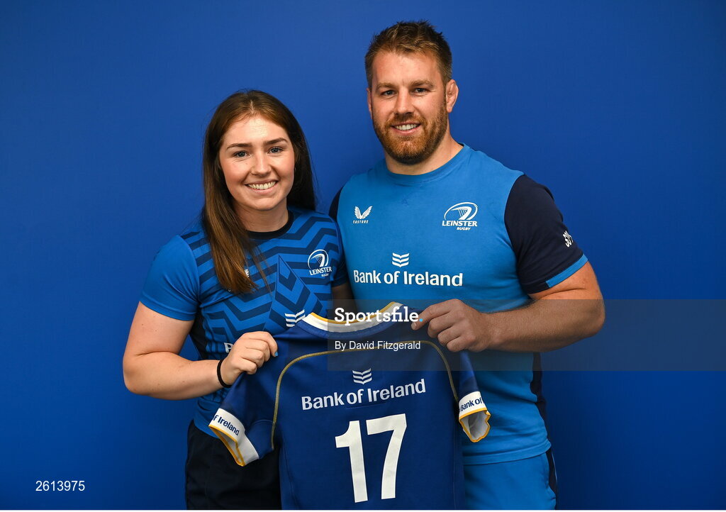 1 September 2023; Aoife Moore with Contact skills coach Sean O'Brien during a Leinster rugby women's jersey presentation at Energia Park in Dublin. Photo by David Fitzgerald/Sportsfile