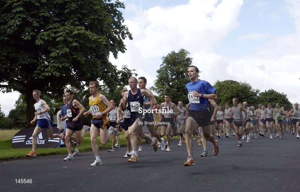 4 July 2004; Athletes, from left to right, Colin Roberts, who finished 6th, Gary Crossan (1897), who finished 2nd, Patrick Cassidy (1191), who finished 5th, David Carey (342), who finished 15th, and Gary Hynes (1671), who finished 4th, at the start of the adidas Irish Runner Challenge, Phoenix Park, Dublin. Picture credit; Brian Lawless / SPORTSFILE