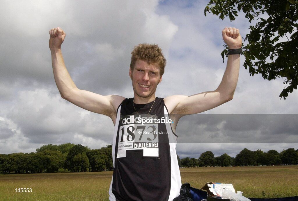4 July 2004; Thomas Carey celebrates after winning the adidas Irish Runner Challenge, in a time of 00:24:22, Phoenix Park, Dublin. Picture credit; Brian Lawless / SPORTSFILE
