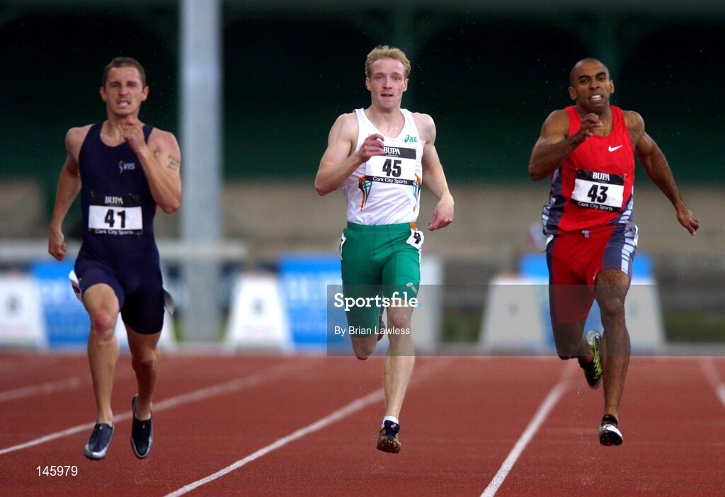 3 July 2004; Ireland's Robert Daly races alongside Australia's Casey Vincent, (41),  and Sweden's Jimosola Laursen, (43) during the Men's 400m event. 53rd Bupa Ireland Cork City Sports, Mardyke Arena, Cork. Picture credit; Brian Lawless / SPORTSFILE