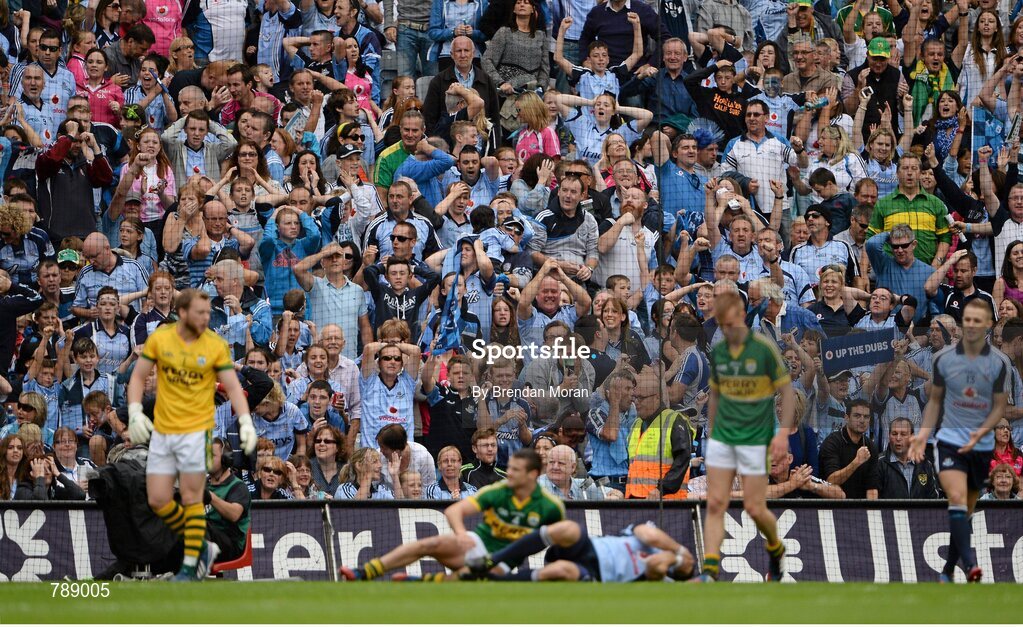 1 September 2013; Dublin supporters react after Bernard Brogan's shot on goal, during the first half, went narrowly wide. GAA Football All-Ireland Senior Championship, Semi-Final, Dublin v Kerry, Croke Park, Dublin. Picture credit: Brendan Moran / SPORTSFILE