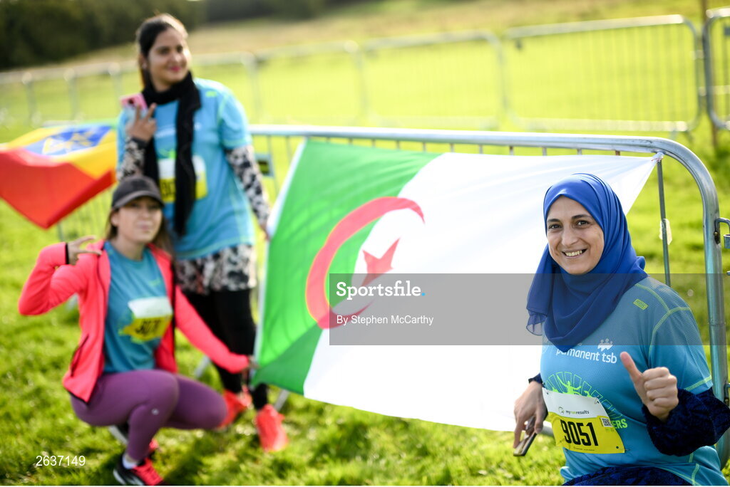 1 October 2023; Fatiha Badis, from Algeria, poses for a photograph with friends before the Permanent TSB Sanctuary Run 2023 at the Cross Country track of the Sport Ireland Campus in Dublin. The Permanent TSB Sanctuary Run on the Sport Ireland campus attracted nearly 1,000 participants including refugees from Direct Provision centres across Ireland, Ukrainian people in Dublin, locals and Irish Olympians. The event, to celebrate diversity and interculturalism in Ireland today, was run by the Sanctuary Runners’ organisation and supported by the Olympic Federation of Ireland and Athletics Ireland. Photo by Stephen McCarthy/Sportsfile