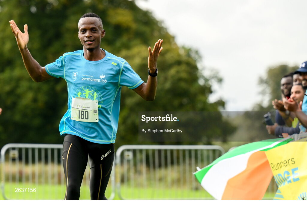 1 October 2023; Kahumburuka Ivan Tuahuku celebrates on his way to winning the Permanent TSB Sanctuary Run 2023 at the Cross Country track of the Sport Ireland Campus in Dublin. The Permanent TSB Sanctuary Run on the Sport Ireland campus attracted nearly 1,000 participants including refugees from Direct Provision centres across Ireland, Ukrainian people in Dublin, locals and Irish Olympians. The event, to celebrate diversity and interculturalism in Ireland today, was run by the Sanctuary Runners’ organisation and supported by the Olympic Federation of Ireland and Athletics Ireland. Photo by Stephen McCarthy/Sportsfile