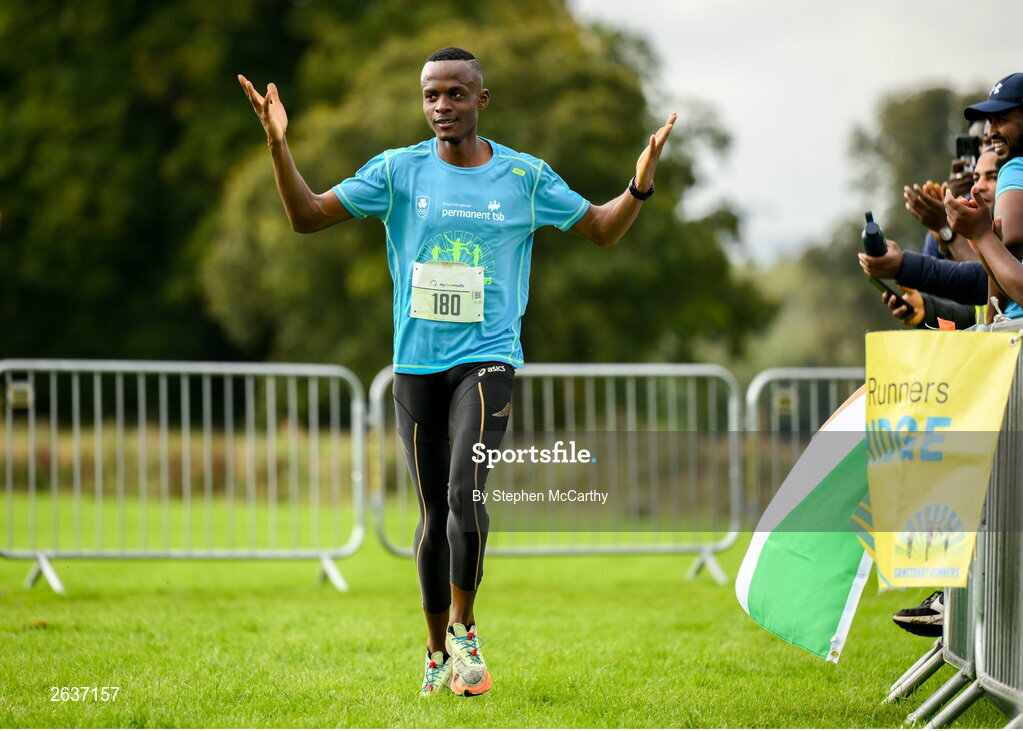 1 October 2023; Kahumburuka Ivan Tuahuku celebrates on his way to winning the Permanent TSB Sanctuary Run 2023 at the Cross Country track of the Sport Ireland Campus in Dublin. The Permanent TSB Sanctuary Run on the Sport Ireland campus attracted nearly 1,000 participants including refugees from Direct Provision centres across Ireland, Ukrainian people in Dublin, locals and Irish Olympians. The event, to celebrate diversity and interculturalism in Ireland today, was run by the Sanctuary Runners’ organisation and supported by the Olympic Federation of Ireland and Athletics Ireland. Photo by Stephen McCarthy/Sportsfile