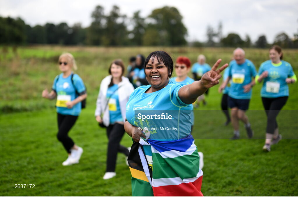 1 October 2023; Ignatia Ndlovu, originally from South Africa, during the Permanent TSB Sanctuary Run 2023 at the Cross Country track of the Sport Ireland Campus in Dublin. The Permanent TSB Sanctuary Run on the Sport Ireland campus attracted nearly 1,000 participants including refugees from Direct Provision centres across Ireland, Ukrainian people in Dublin, locals and Irish Olympians. The event, to celebrate diversity and interculturalism in Ireland today, was run by the Sanctuary Runners’ organisation and supported by the Olympic Federation of Ireland and Athletics Ireland. Photo by Stephen McCarthy/Sportsfile