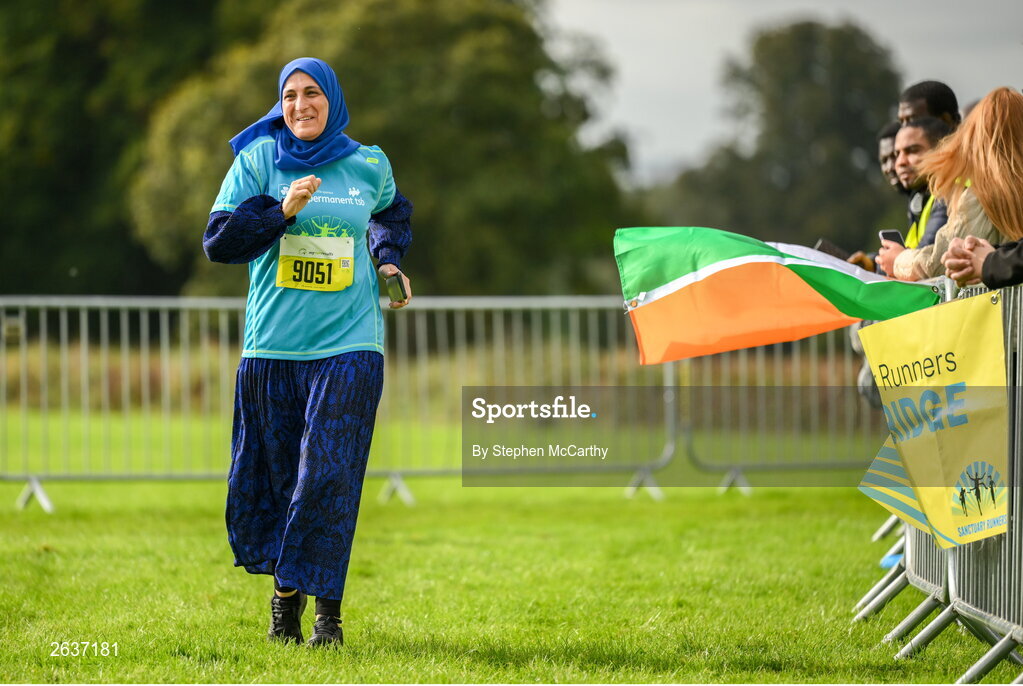 1 October 2023; Fatiha Badis, originally from Algeria, during the Permanent TSB Sanctuary Run 2023 at the Cross Country track of the Sport Ireland Campus in Dublin. The Permanent TSB Sanctuary Run on the Sport Ireland campus attracted nearly 1,000 participants including refugees from Direct Provision centres across Ireland, Ukrainian people in Dublin, locals and Irish Olympians. The event, to celebrate diversity and interculturalism in Ireland today, was run by the Sanctuary Runners’ organisation and supported by the Olympic Federation of Ireland and Athletics Ireland. Photo by Stephen McCarthy/Sportsfile