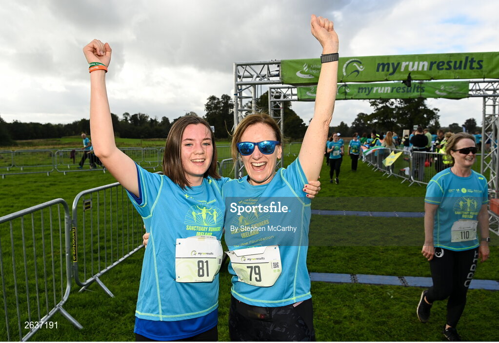1 October 2023; Caoimhe, left, and Maeve Hegarty, from Skerries, Dublin, during the Permanent TSB Sanctuary Run 2023 at the Cross Country track of the Sport Ireland Campus in Dublin. The Permanent TSB Sanctuary Run on the Sport Ireland campus attracted nearly 1,000 participants including refugees from Direct Provision centres across Ireland, Ukrainian people in Dublin, locals and Irish Olympians. The event, to celebrate diversity and interculturalism in Ireland today, was run by the Sanctuary Runners’ organisation and supported by the Olympic Federation of Ireland and Athletics Ireland. Photo by Stephen McCarthy/Sportsfile