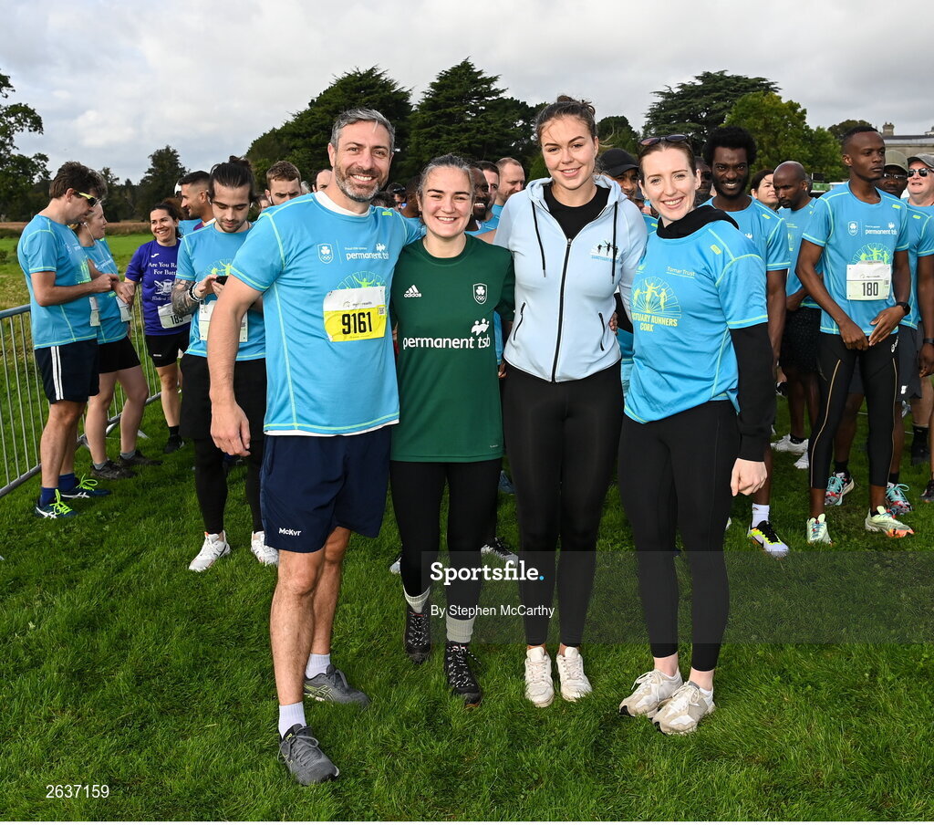 1 October 2023; Participants, from left, Olympic silver medallist Kenny Egan, Olympic gold medallist Kellie Harrington, Olympic bronze medallist Eimear Lambe and Olympic bronze medallist Emily Hegarty during the Permanent TSB Sanctuary Run 2023 at the Cross Country track of the Sport Ireland Campus in Dublin. The Permanent TSB Sanctuary Run on the Sport Ireland campus attracted nearly 1,000 participants including refugees from Direct Provision centres across Ireland, Ukrainian people in Dublin, locals and Irish Olympians. The event, to celebrate diversity and interculturalism in Ireland today, was run by the Sanctuary Runners’ organisation and supported by the Olympic Federation of Ireland and Athletics Ireland. Photo by Stephen McCarthy/Sportsfile