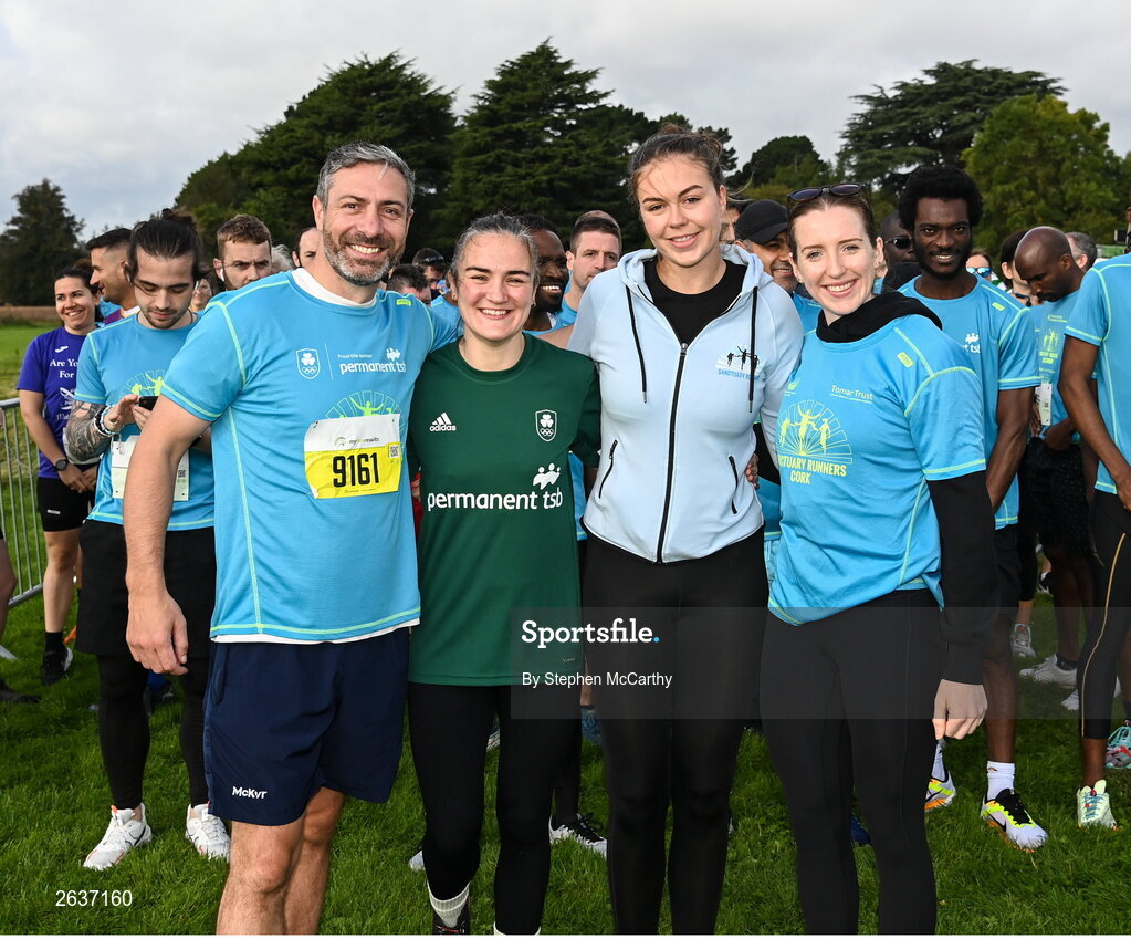 1 October 2023; Participants, from left, Olympic silver medallist Kenny Egan, Olympic gold medallist Kellie Harrington, Olympic bronze medallist Eimear Lambe and Olympic bronze medallist Emily Hegarty during the Permanent TSB Sanctuary Run 2023 at the Cross Country track of the Sport Ireland Campus in Dublin. The Permanent TSB Sanctuary Run on the Sport Ireland campus attracted nearly 1,000 participants including refugees from Direct Provision centres across Ireland, Ukrainian people in Dublin, locals and Irish Olympians. The event, to celebrate diversity and interculturalism in Ireland today, was run by the Sanctuary Runners’ organisation and supported by the Olympic Federation of Ireland and Athletics Ireland. Photo by Stephen McCarthy/Sportsfile