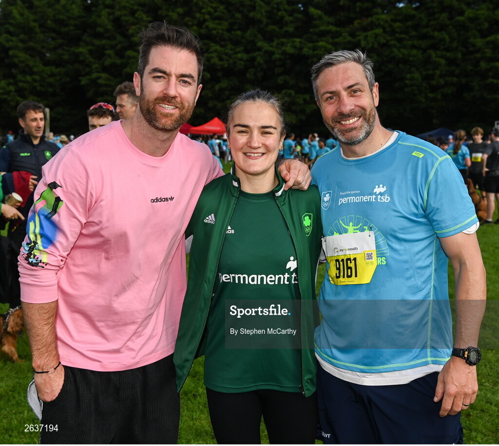 1 October 2023; Former Dublin footballer Michael Daragh MacAuley, left, Olympic gold medallist Kellie Harrington and Olympic silver medallist Kenny Egan, right, during the Permanent TSB Sanctuary Run 2023 at the Cross Country track of the Sport Ireland Campus in Dublin. The Permanent TSB Sanctuary Run on the Sport Ireland campus attracted nearly 1,000 participants including refugees from Direct Provision centres across Ireland, Ukrainian people in Dublin, locals and Irish Olympians. The event, to celebrate diversity and interculturalism in Ireland today, was run by the Sanctuary Runners’ organisation and supported by the Olympic Federation of Ireland and Athletics Ireland. Photo by Stephen McCarthy/Sportsfile