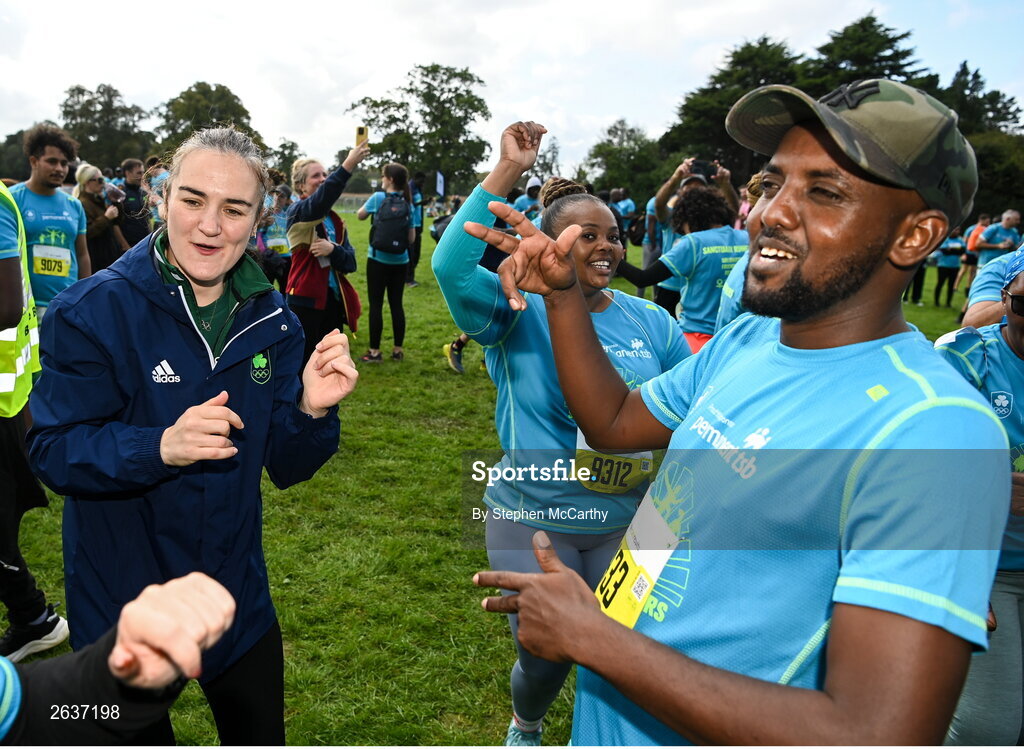 1 October 2023; Olympic gold medallist Kellie Harrington during the Permanent TSB Sanctuary Run 2023 at the Cross Country track of the Sport Ireland Campus in Dublin. The Permanent TSB Sanctuary Run on the Sport Ireland campus attracted nearly 1,000 participants including refugees from Direct Provision centres across Ireland, Ukrainian people in Dublin, locals and Irish Olympians. The event, to celebrate diversity and interculturalism in Ireland today, was run by the Sanctuary Runners’ organisation and supported by the Olympic Federation of Ireland and Athletics Ireland. Photo by Stephen McCarthy/Sportsfile