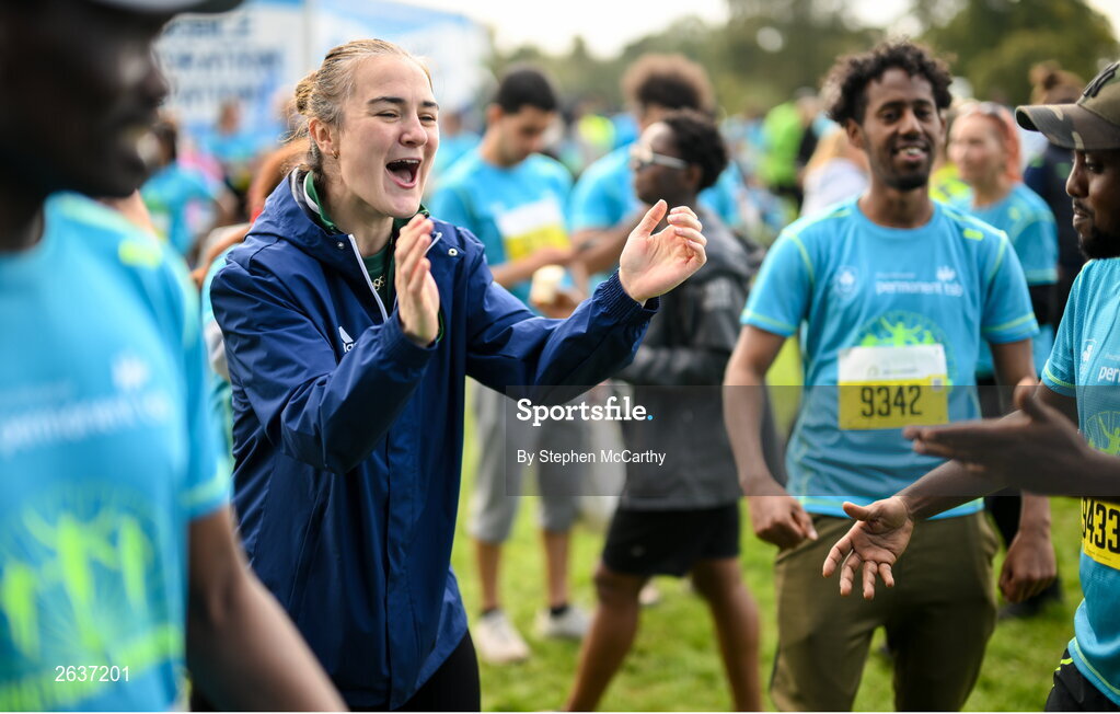 1 October 2023; Olympic gold medallist Kellie Harrington during the Permanent TSB Sanctuary Run 2023 at the Cross Country track of the Sport Ireland Campus in Dublin. The Permanent TSB Sanctuary Run on the Sport Ireland campus attracted nearly 1,000 participants including refugees from Direct Provision centres across Ireland, Ukrainian people in Dublin, locals and Irish Olympians. The event, to celebrate diversity and interculturalism in Ireland today, was run by the Sanctuary Runners’ organisation and supported by the Olympic Federation of Ireland and Athletics Ireland. Photo by Stephen McCarthy/Sportsfile