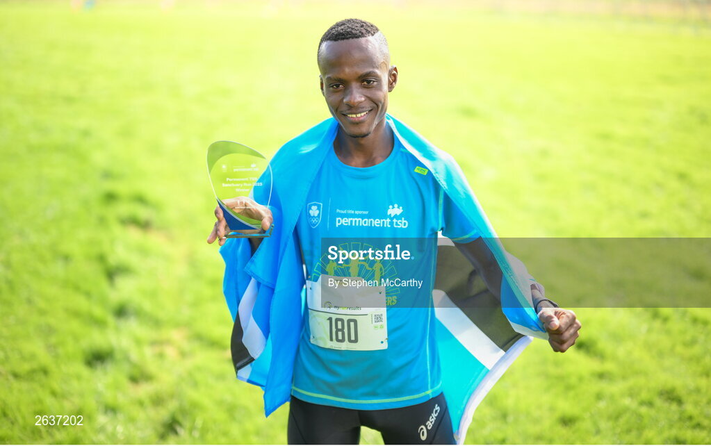 1 October 2023; Kahumburuka Ivan Tuahuku, originally from Botswana, after winning the Permanent TSB Sanctuary Run 2023 at the Cross Country track of the Sport Ireland Campus in Dublin. The Permanent TSB Sanctuary Run on the Sport Ireland campus attracted nearly 1,000 participants including refugees from Direct Provision centres across Ireland, Ukrainian people in Dublin, locals and Irish Olympians. The event, to celebrate diversity and interculturalism in Ireland today, was run by the Sanctuary Runners’ organisation and supported by the Olympic Federation of Ireland and Athletics Ireland. Photo by Stephen McCarthy/Sportsfile