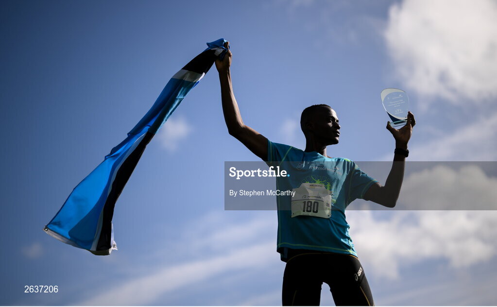 1 October 2023; Kahumburuka Ivan Tuahuku, originally from Botswana, after winning the Permanent TSB Sanctuary Run 2023 at the Cross Country track of the Sport Ireland Campus in Dublin. The Permanent TSB Sanctuary Run on the Sport Ireland campus attracted nearly 1,000 participants including refugees from Direct Provision centres across Ireland, Ukrainian people in Dublin, locals and Irish Olympians. The event, to celebrate diversity and interculturalism in Ireland today, was run by the Sanctuary Runners’ organisation and supported by the Olympic Federation of Ireland and Athletics Ireland. Photo by Stephen McCarthy/Sportsfile
