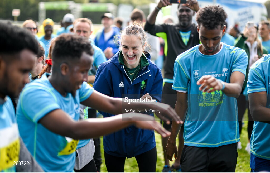 1 October 2023; Olympic gold medallist Kellie Harrington during the Permanent TSB Sanctuary Run 2023 at the Cross Country track of the Sport Ireland Campus in Dublin. The Permanent TSB Sanctuary Run on the Sport Ireland campus attracted nearly 1,000 participants including refugees from Direct Provision centres across Ireland, Ukrainian people in Dublin, locals and Irish Olympians. The event, to celebrate diversity and interculturalism in Ireland today, was run by the Sanctuary Runners’ organisation and supported by the Olympic Federation of Ireland and Athletics Ireland. Photo by Stephen McCarthy/Sportsfile