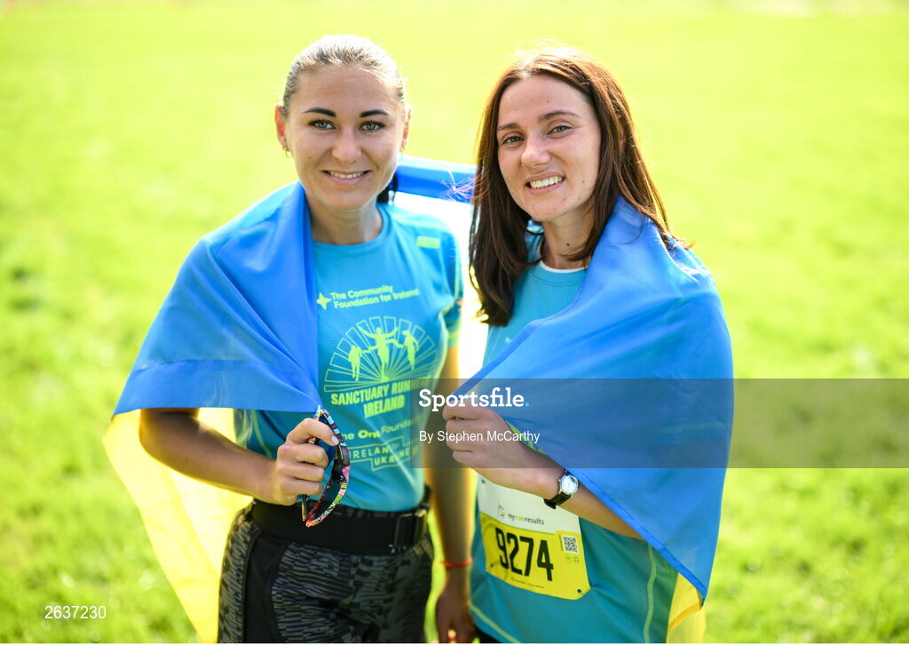 1 October 2023; Iryna Vdovenko, left, and Natalia Kochkova, from Ukraine, during the Permanent TSB Sanctuary Run 2023 at the Cross Country track of the Sport Ireland Campus in Dublin. The Permanent TSB Sanctuary Run on the Sport Ireland campus attracted nearly 1,000 participants including refugees from Direct Provision centres across Ireland, Ukrainian people in Dublin, locals and Irish Olympians. The event, to celebrate diversity and interculturalism in Ireland today, was run by the Sanctuary Runners’ organisation and supported by the Olympic Federation of Ireland and Athletics Ireland. Photo by Stephen McCarthy/Sportsfile
