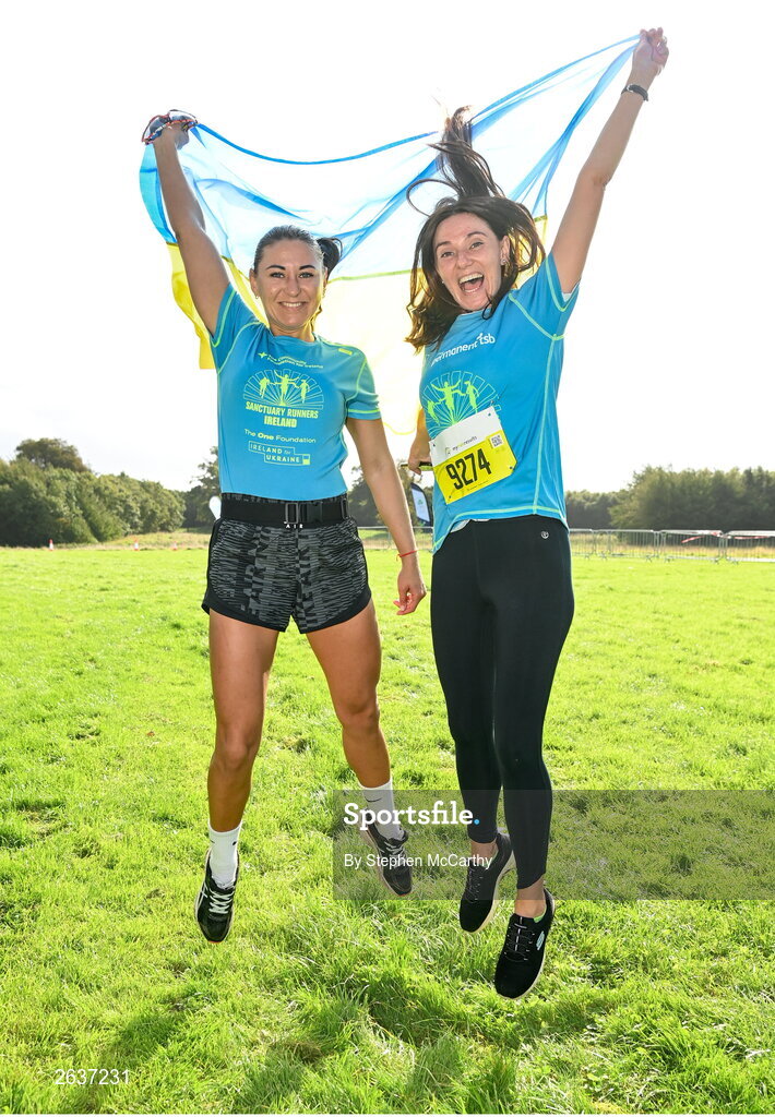 1 October 2023; Iryna Vdovenko, left, and Natalia Kochkova, from Ukraine, during the Permanent TSB Sanctuary Run 2023 at the Cross Country track of the Sport Ireland Campus in Dublin. The Permanent TSB Sanctuary Run on the Sport Ireland campus attracted nearly 1,000 participants including refugees from Direct Provision centres across Ireland, Ukrainian people in Dublin, locals and Irish Olympians. The event, to celebrate diversity and interculturalism in Ireland today, was run by the Sanctuary Runners’ organisation and supported by the Olympic Federation of Ireland and Athletics Ireland. Photo by Stephen McCarthy/Sportsfile