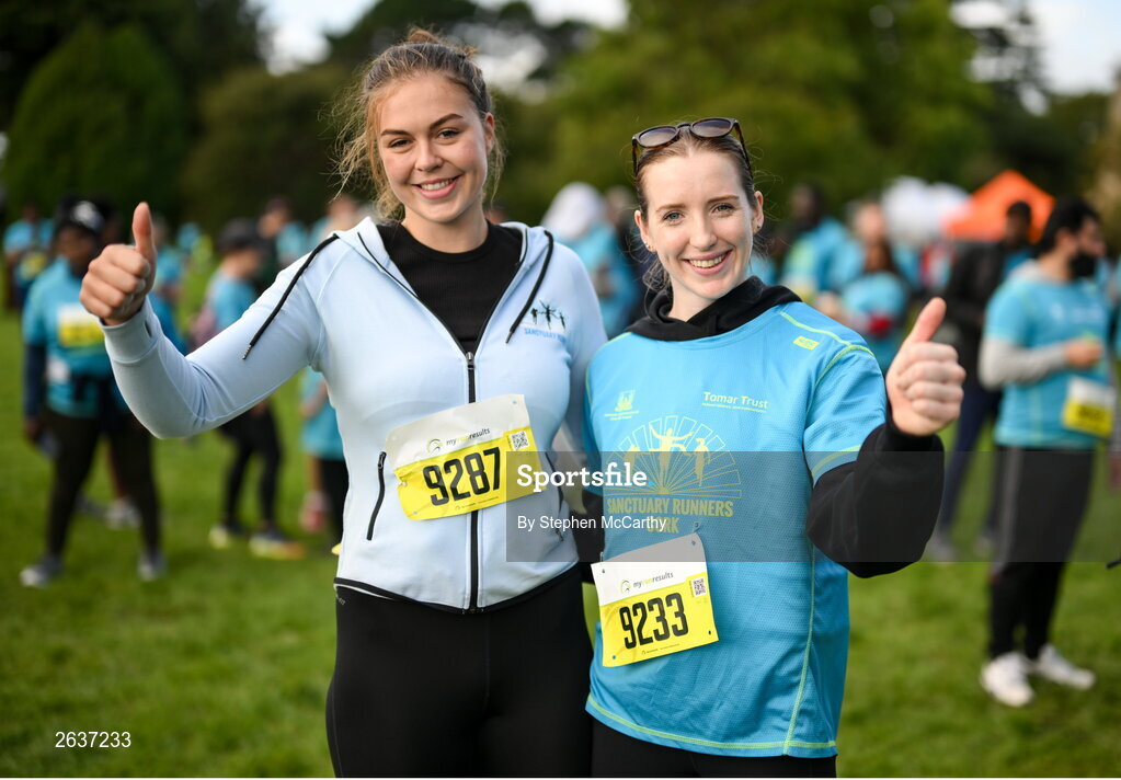 1 October 2023; Olympic bronze medallists Eimear Lambe, left, and Emily Hegarty during the Permanent TSB Sanctuary Run 2023 at the Cross Country track of the Sport Ireland Campus in Dublin. The Permanent TSB Sanctuary Run on the Sport Ireland campus attracted nearly 1,000 participants including refugees from Direct Provision centres across Ireland, Ukrainian people in Dublin, locals and Irish Olympians. The event, to celebrate diversity and interculturalism in Ireland today, was run by the Sanctuary Runners’ organisation and supported by the Olympic Federation of Ireland and Athletics Ireland. Photo by Stephen McCarthy/Sportsfile