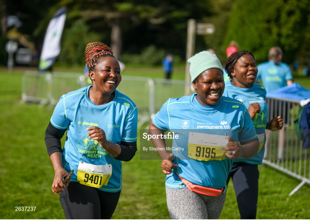 1 October 2023; Elizah Ndlovu, originally from Zimbabwe, left, and Damilola Victoria Folarin, originally from Nigeria,  during the Permanent TSB Sanctuary Run 2023 at the Cross Country track of the Sport Ireland Campus in Dublin. The Permanent TSB Sanctuary Run on the Sport Ireland campus attracted nearly 1,000 participants including refugees from Direct Provision centres across Ireland, Ukrainian people in Dublin, locals and Irish Olympians. The event, to celebrate diversity and interculturalism in Ireland today, was run by the Sanctuary Runners’ organisation and supported by the Olympic Federation of Ireland and Athletics Ireland. Photo by Stephen McCarthy/Sportsfile