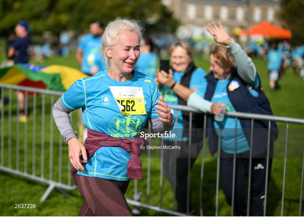 1 October 2023; Inna Yatsevych, originally from Ukraine, during the Permanent TSB Sanctuary Run 2023 at the Cross Country track of the Sport Ireland Campus in Dublin. The Permanent TSB Sanctuary Run on the Sport Ireland campus attracted nearly 1,000 participants including refugees from Direct Provision centres across Ireland, Ukrainian people in Dublin, locals and Irish Olympians. The event, to celebrate diversity and interculturalism in Ireland today, was run by the Sanctuary Runners’ organisation and supported by the Olympic Federation of Ireland and Athletics Ireland. Photo by Stephen McCarthy/Sportsfile