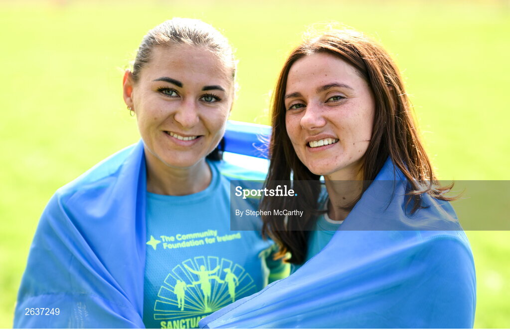 1 October 2023; Iryna Vdovenko, left, and Natalia Kochkova, from Ukraine, during the Permanent TSB Sanctuary Run 2023 at the Cross Country track of the Sport Ireland Campus in Dublin. The Permanent TSB Sanctuary Run on the Sport Ireland campus attracted nearly 1,000 participants including refugees from Direct Provision centres across Ireland, Ukrainian people in Dublin, locals and Irish Olympians. The event, to celebrate diversity and interculturalism in Ireland today, was run by the Sanctuary Runners’ organisation and supported by the Olympic Federation of Ireland and Athletics Ireland. Photo by Stephen McCarthy/Sportsfile