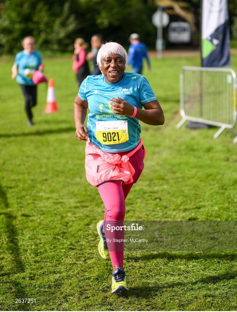 1 October 2023; Dooshima Thelma Agan, originally from Nigeria, during the Permanent TSB Sanctuary Run 2023 at the Cross Country track of the Sport Ireland Campus in Dublin. The Permanent TSB Sanctuary Run on the Sport Ireland campus attracted nearly 1,000 participants including refugees from Direct Provision centres across Ireland, Ukrainian people in Dublin, locals and Irish Olympians. The event, to celebrate diversity and interculturalism in Ireland today, was run by the Sanctuary Runners’ organisation and supported by the Olympic Federation of Ireland and Athletics Ireland. Photo by Stephen McCarthy/Sportsfile