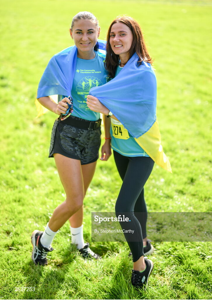 1 October 2023; Iryna Vdovenko, left, and Natalia Kochkova, from Ukraine, during the Permanent TSB Sanctuary Run 2023 at the Cross Country track of the Sport Ireland Campus in Dublin. The Permanent TSB Sanctuary Run on the Sport Ireland campus attracted nearly 1,000 participants including refugees from Direct Provision centres across Ireland, Ukrainian people in Dublin, locals and Irish Olympians. The event, to celebrate diversity and interculturalism in Ireland today, was run by the Sanctuary Runners’ organisation and supported by the Olympic Federation of Ireland and Athletics Ireland. Photo by Stephen McCarthy/Sportsfile
