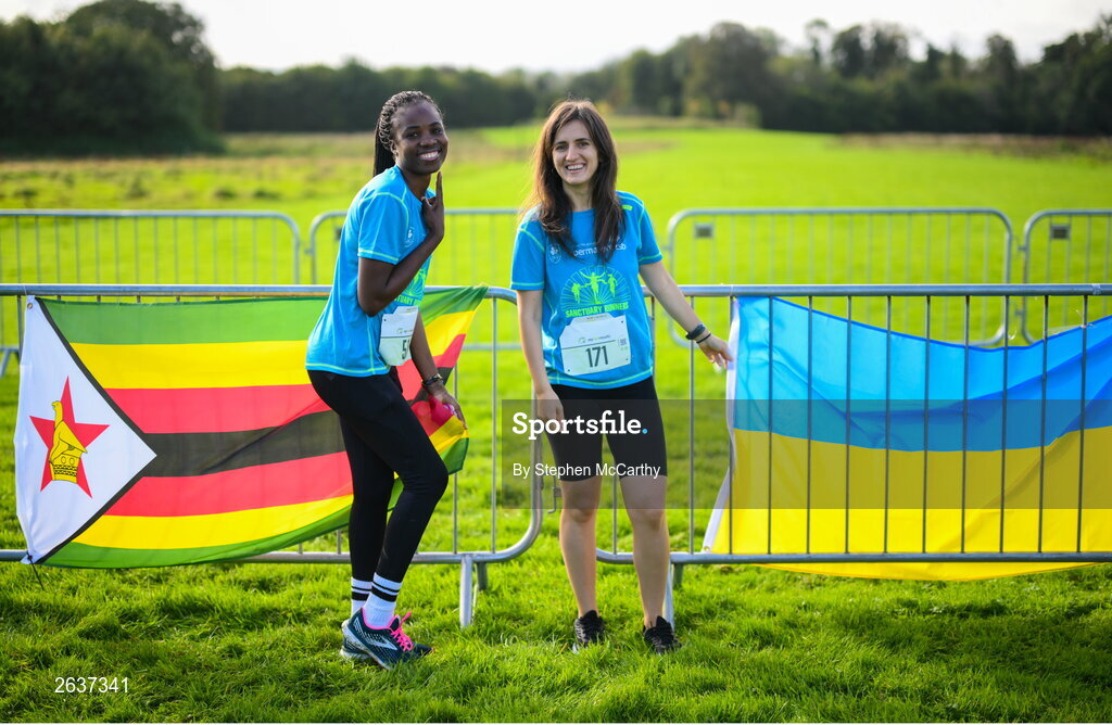 1 October 2023; Patience Dube, originally from Zimbabwe, and Yuliia Shebek, originally from Ukraine, during the Permanent TSB Sanctuary Run 2023 at the Cross Country track of the Sport Ireland Campus in Dublin. The Permanent TSB Sanctuary Run on the Sport Ireland campus attracted nearly 1,000 participants including refugees from Direct Provision centres across Ireland, Ukrainian people in Dublin, locals and Irish Olympians. The event, to celebrate diversity and interculturalism in Ireland today, was run by the Sanctuary Runners’ organisation and supported by the Olympic Federation of Ireland and Athletics Ireland. Photo by Stephen McCarthy/Sportsfile
