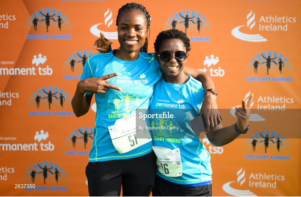 1 October 2023; Patience Dube, originally from Zimbabwe, left, and Janet Jones, originally from Nigeria, during the Permanent TSB Sanctuary Run 2023 at the Cross Country track of the Sport Ireland Campus in Dublin. The Permanent TSB Sanctuary Run on the Sport Ireland campus attracted nearly 1,000 participants including refugees from Direct Provision centres across Ireland, Ukrainian people in Dublin, locals and Irish Olympians. The event, to celebrate diversity and interculturalism in Ireland today, was run by the Sanctuary Runners’ organisation and supported by the Olympic Federation of Ireland and Athletics Ireland. Photo by Stephen McCarthy/Sportsfile