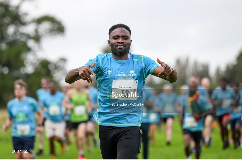 1 October 2023; Olanrewaju Emmanuel Folarin, originally from Nigeria, during the Permanent TSB Sanctuary Run 2023 at the Cross Country track of the Sport Ireland Campus in Dublin. The Permanent TSB Sanctuary Run on the Sport Ireland campus attracted nearly 1,000 participants including refugees from Direct Provision centres across Ireland, Ukrainian people in Dublin, locals and Irish Olympians. The event, to celebrate diversity and interculturalism in Ireland today, was run by the Sanctuary Runners’ organisation and supported by the Olympic Federation of Ireland and Athletics Ireland. Photo by Stephen McCarthy/Sportsfile