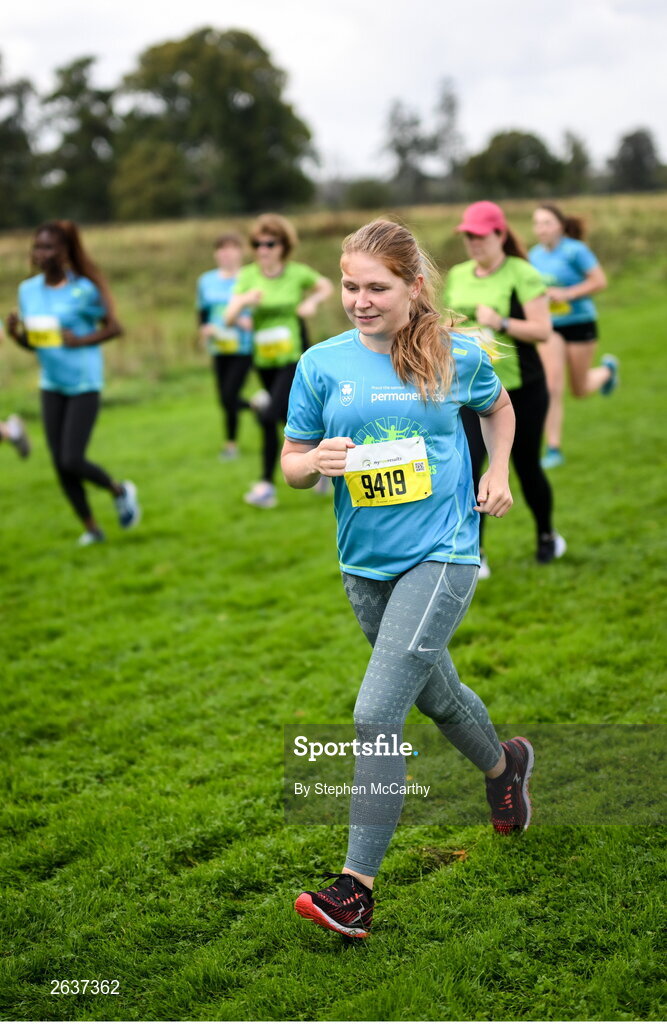 1 October 2023; Iuliia Obrizanova, originally from Ukraine, during the Permanent TSB Sanctuary Run 2023 at the Cross Country track of the Sport Ireland Campus in Dublin. The Permanent TSB Sanctuary Run on the Sport Ireland campus attracted nearly 1,000 participants including refugees from Direct Provision centres across Ireland, Ukrainian people in Dublin, locals and Irish Olympians. The event, to celebrate diversity and interculturalism in Ireland today, was run by the Sanctuary Runners’ organisation and supported by the Olympic Federation of Ireland and Athletics Ireland. Photo by Stephen McCarthy/Sportsfile