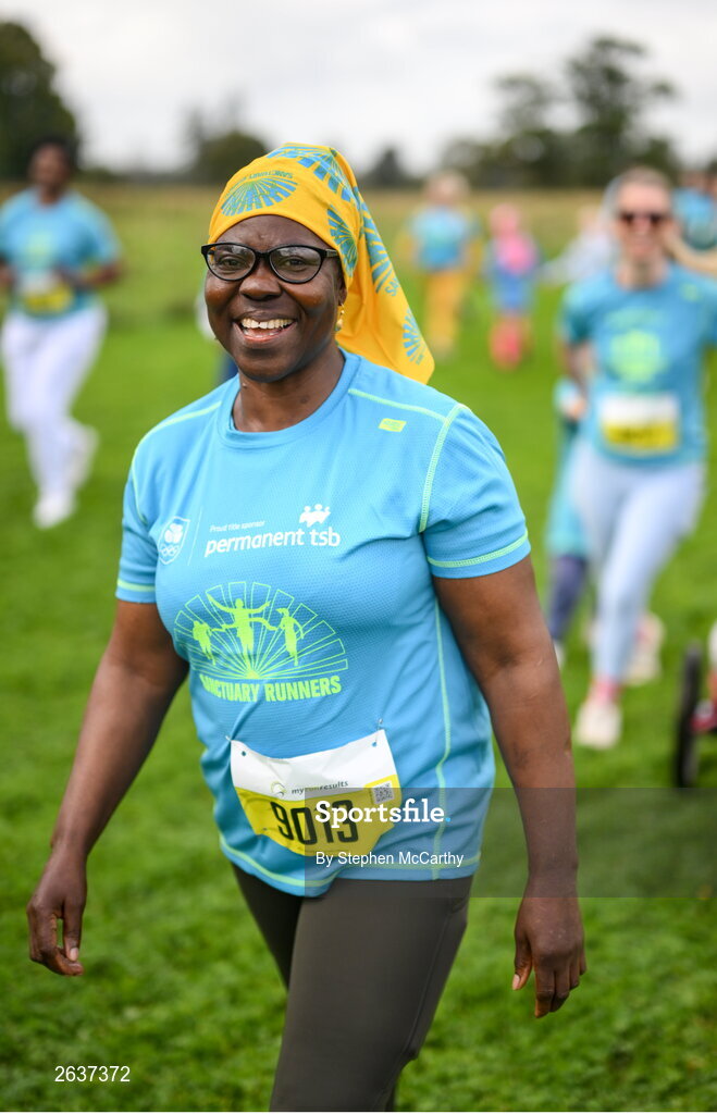 1 October 2023; Hafsat Adebayo, originally from Nigeria, during the Permanent TSB Sanctuary Run 2023 at the Cross Country track of the Sport Ireland Campus in Dublin. The Permanent TSB Sanctuary Run on the Sport Ireland campus attracted nearly 1,000 participants including refugees from Direct Provision centres across Ireland, Ukrainian people in Dublin, locals and Irish Olympians. The event, to celebrate diversity and interculturalism in Ireland today, was run by the Sanctuary Runners’ organisation and supported by the Olympic Federation of Ireland and Athletics Ireland. Photo by Stephen McCarthy/Sportsfile