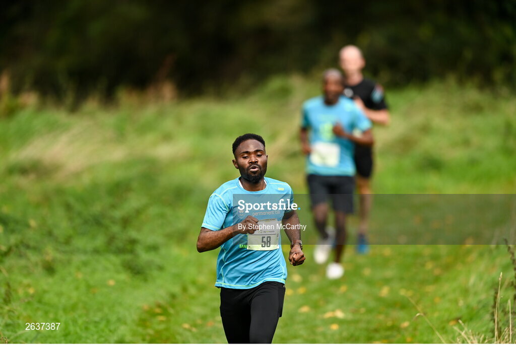 1 October 2023; Olanrewaju Emmanuel Folarin, originally from Nigeria, during the Permanent TSB Sanctuary Run 2023 at the Cross Country track of the Sport Ireland Campus in Dublin. The Permanent TSB Sanctuary Run on the Sport Ireland campus attracted nearly 1,000 participants including refugees from Direct Provision centres across Ireland, Ukrainian people in Dublin, locals and Irish Olympians. The event, to celebrate diversity and interculturalism in Ireland today, was run by the Sanctuary Runners’ organisation and supported by the Olympic Federation of Ireland and Athletics Ireland. Photo by Stephen McCarthy/Sportsfile