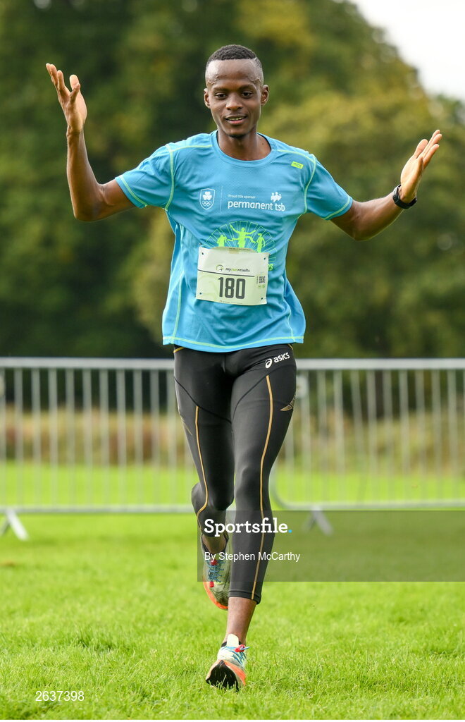 1 October 2023; Kahumburuka Ivan Tuahuku, originally from Botswana, on his way to winning the Permanent TSB Sanctuary Run 2023 at the Cross Country track of the Sport Ireland Campus in Dublin. The Permanent TSB Sanctuary Run on the Sport Ireland campus attracted nearly 1,000 participants including refugees from Direct Provision centres across Ireland, Ukrainian people in Dublin, locals and Irish Olympians. The event, to celebrate diversity and interculturalism in Ireland today, was run by the Sanctuary Runners’ organisation and supported by the Olympic Federation of Ireland and Athletics Ireland. Photo by Stephen McCarthy/Sportsfile